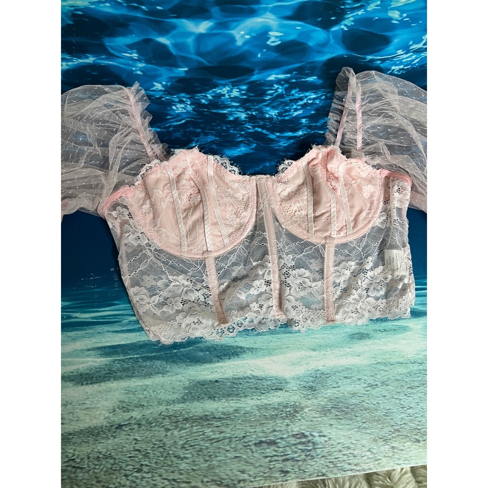 Pink Floral Lace Corset Bustier Top Off Shoulder Mesh Puff Sleeve Coquette SizeL - Picture 2 of 10